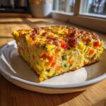A thick, square slice of baked sheet pan eggs loaded with colorful diced vegetables like red pepper and carrots.