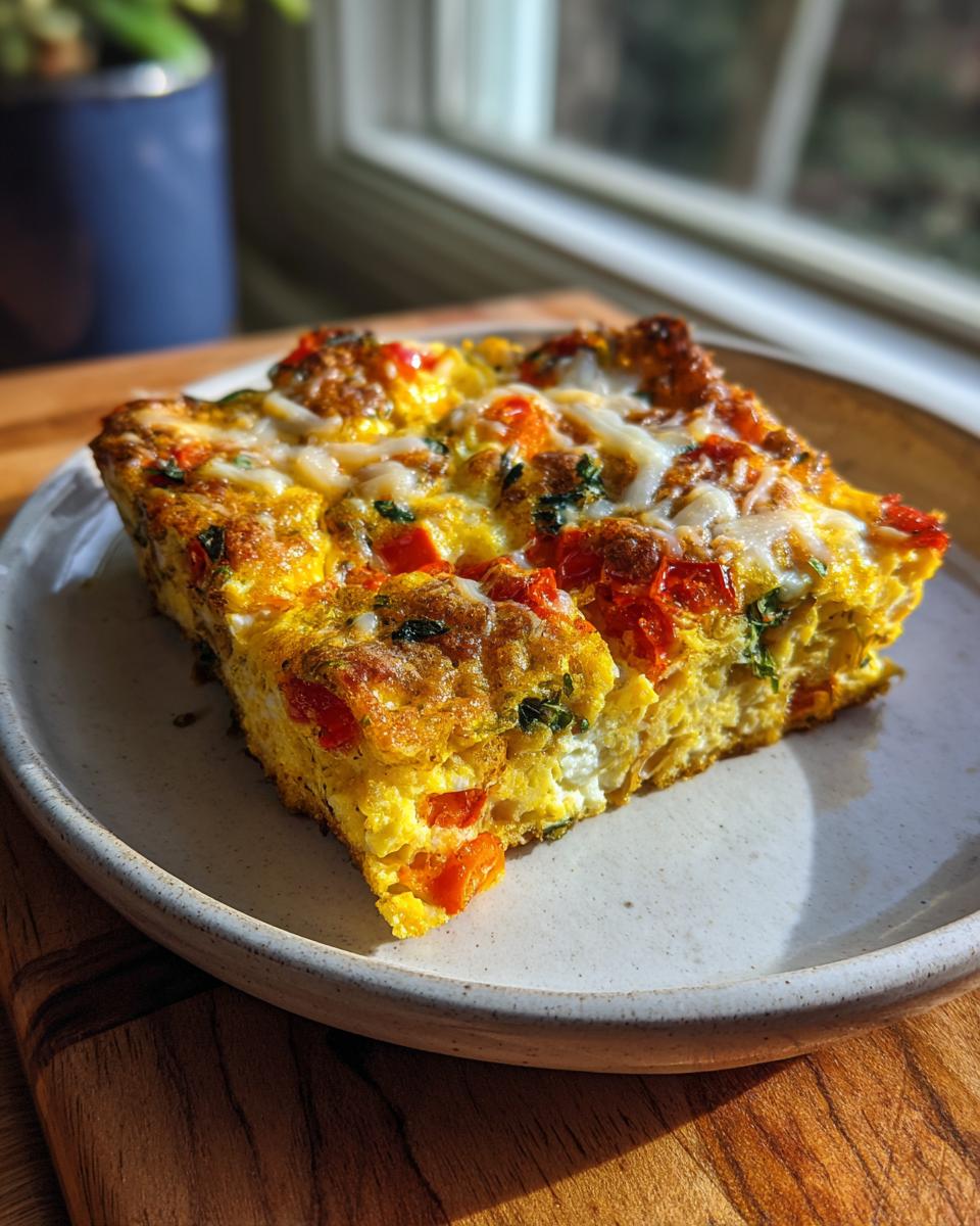 A thick, square slice of baked sheet pan eggs with tomatoes and melted cheese on a speckled plate.