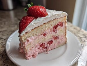 A perfect slice of homemade strawberry cake with layers of white cake, pink strawberry cream filling, and topped with fresh strawberries.