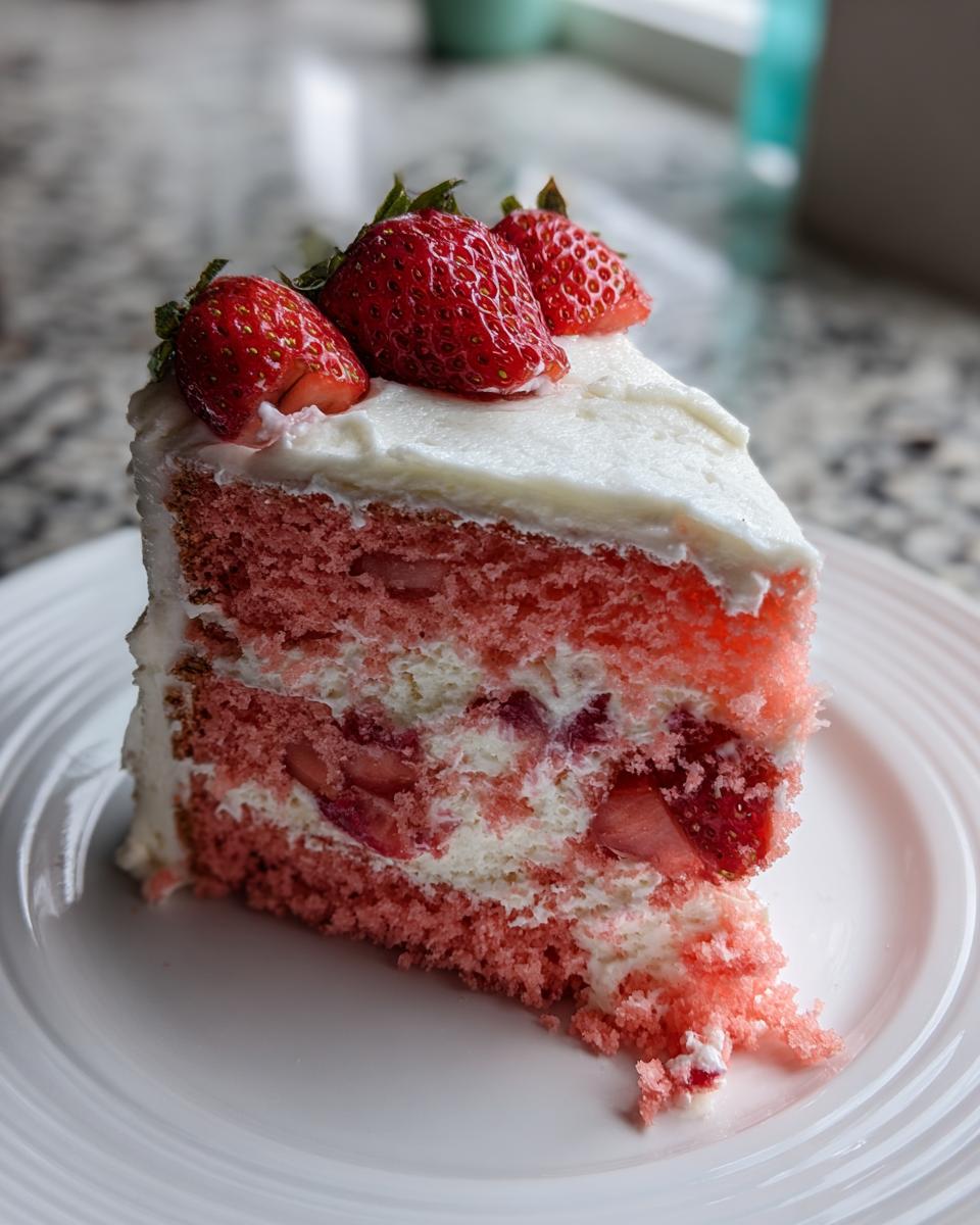 A moist slice of pink strawberry cake layered with cream and fresh strawberries, topped with frosting and three whole strawberries.