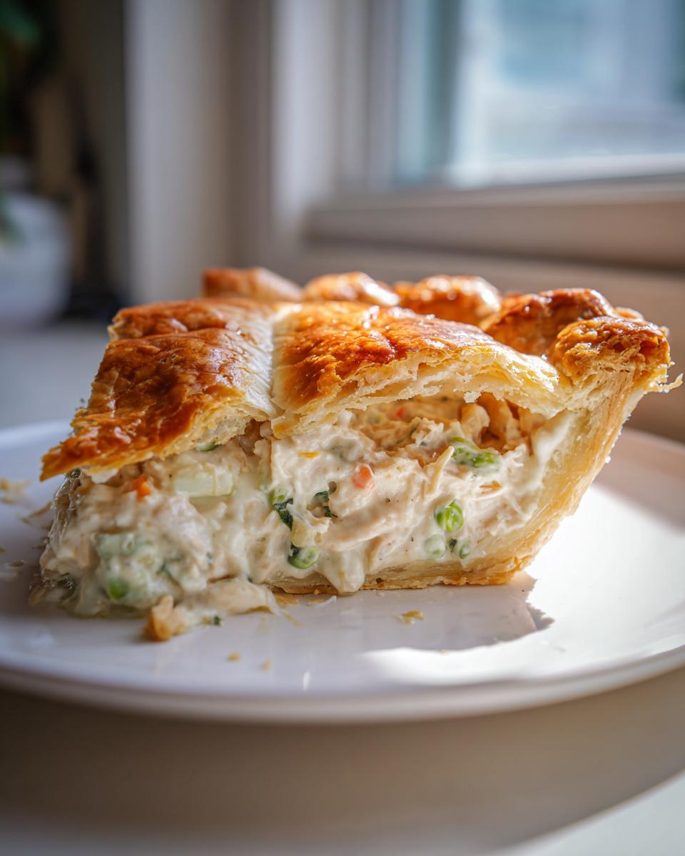 A close-up slice of creamy turkey pot pie recipe showing flaky crust and rich filling with turkey, peas, and carrots.