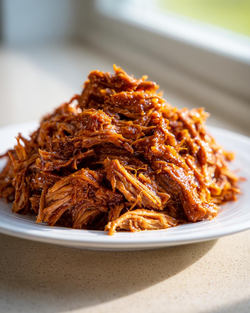 A close-up of a generous mound of saucy, shredded Slow Cooker Pulled Pork piled high on a white plate.