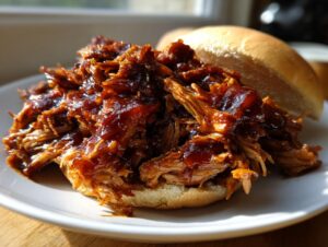 Close-up of a generous serving of saucy Slow Cooker Pulled Pork piled high on a soft white bun.