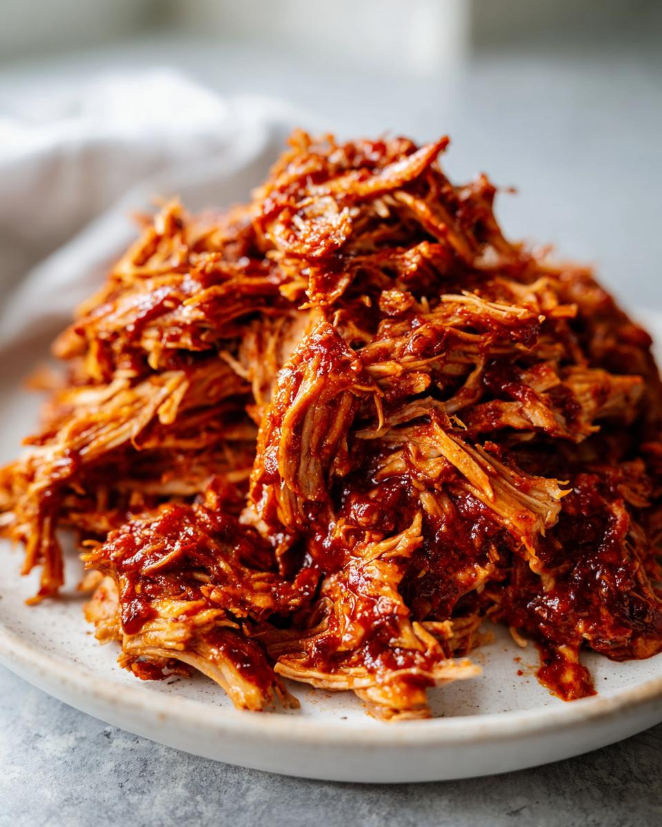 A close-up of a generous pile of saucy, shredded Slow Cooker Pulled Pork on a light-colored plate.