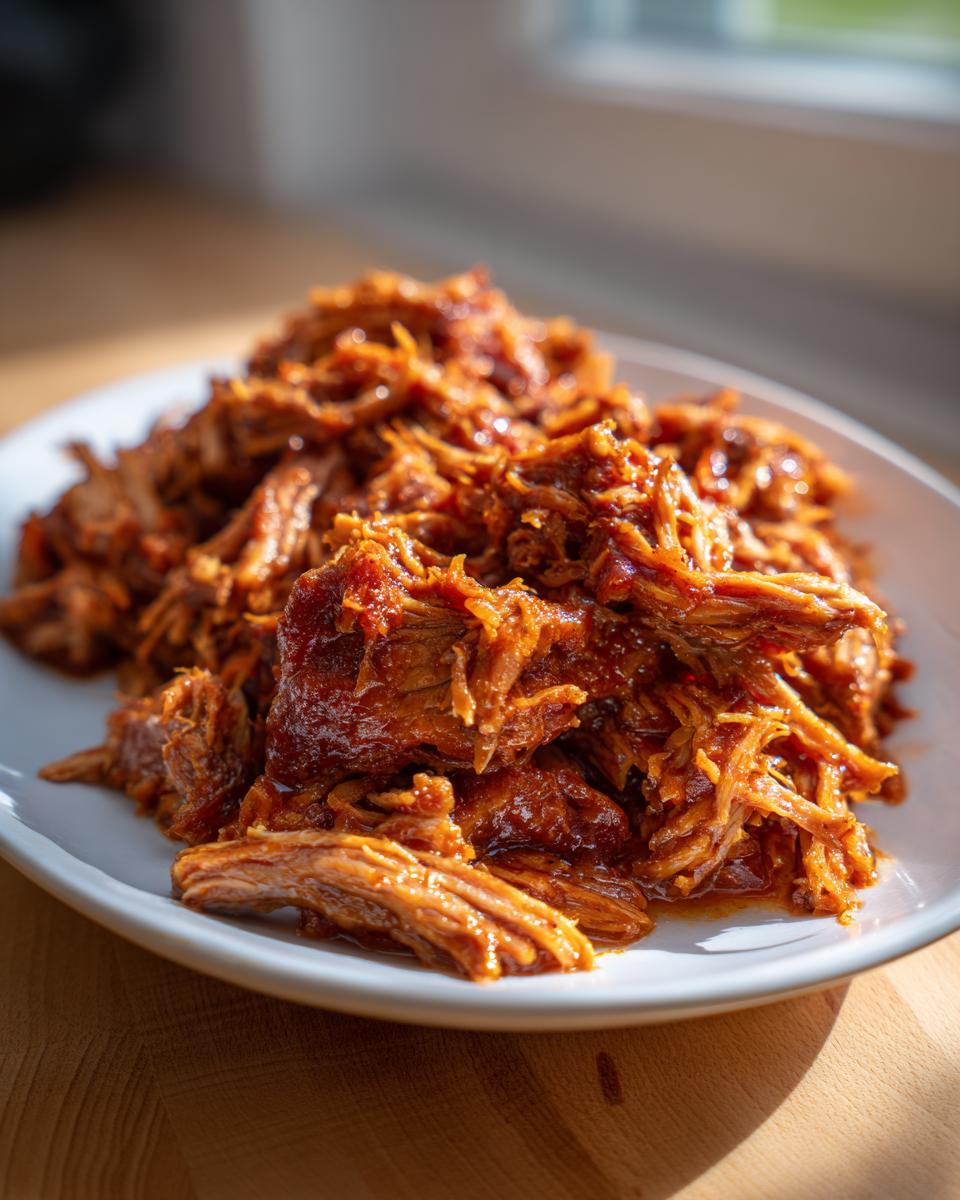 A close-up of tender, saucy Slow Cooker Pulled Pork piled high on a white serving dish.