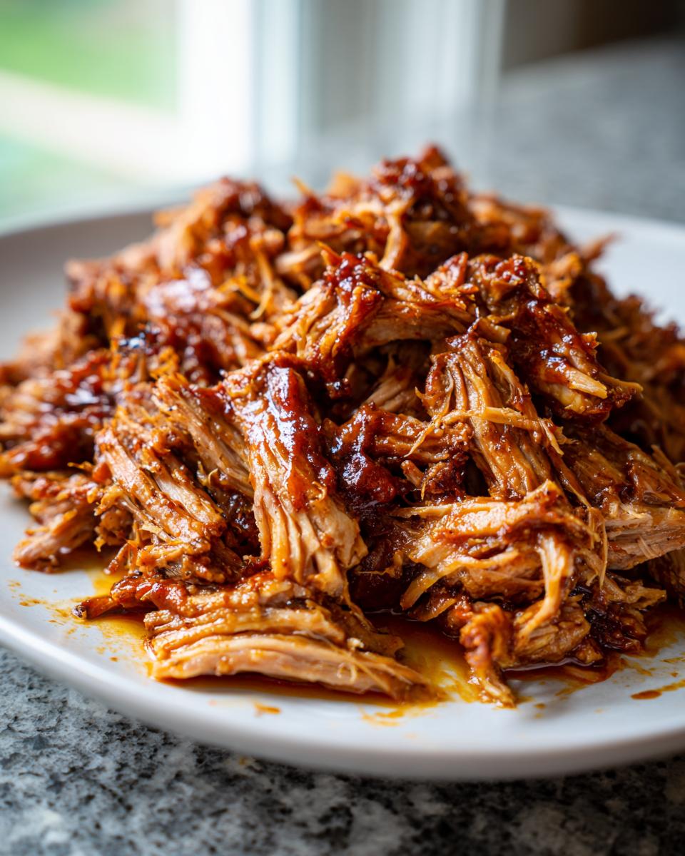 A close-up of tender, shredded Slow Cooker Pulled Pork coated in rich barbecue sauce on a white plate.