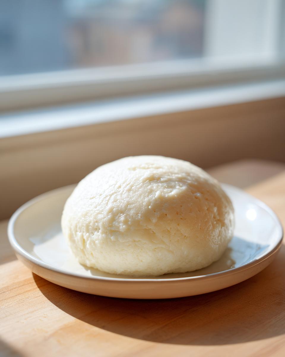 A smooth, white, dome-shaped serving of fufu resting on a small white plate, brightly lit by a window.