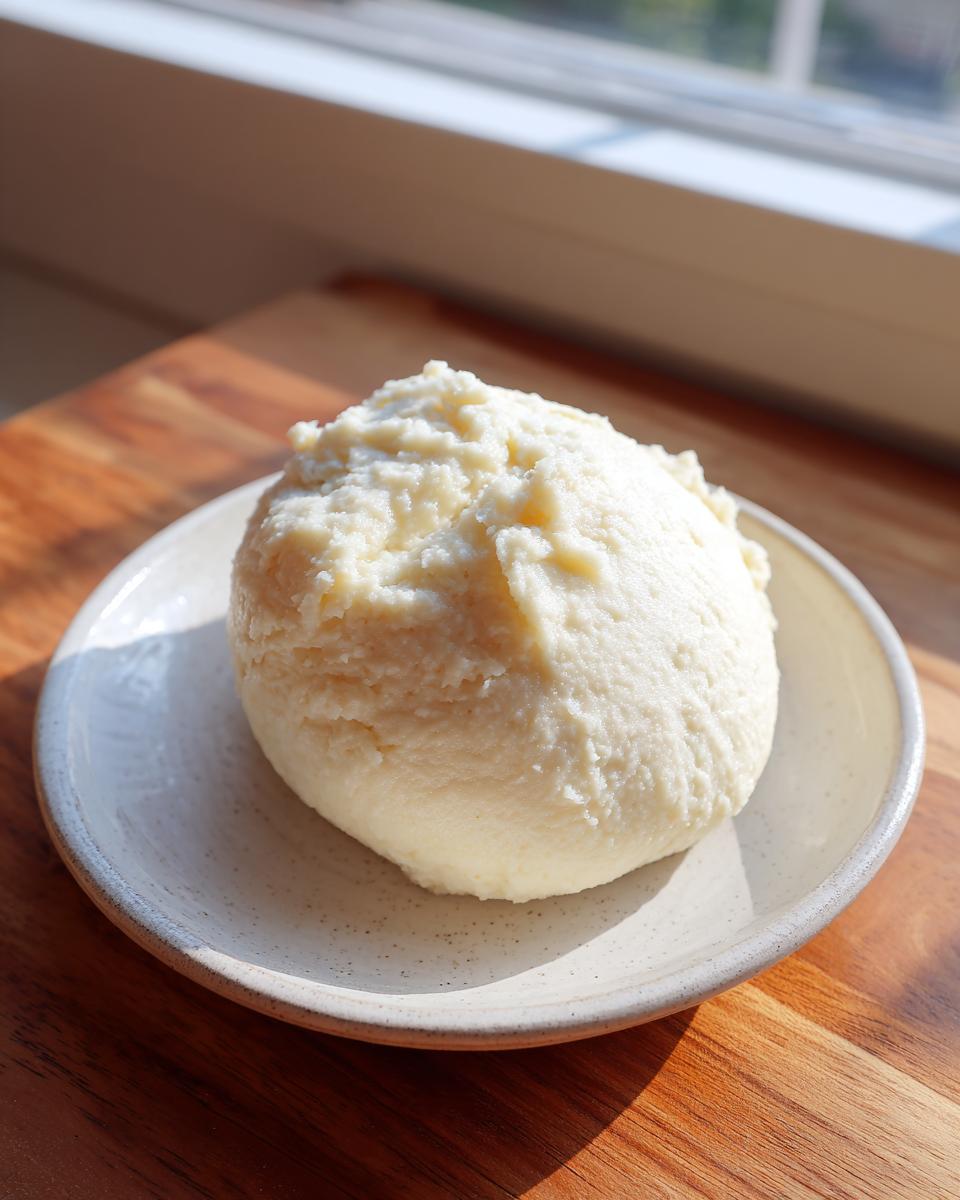 A smooth, white ball of fufu resting on a speckled ceramic plate, illuminated by sunlight.