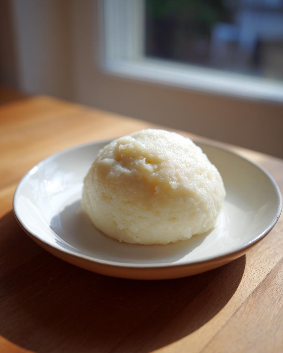A smooth, pale mound of fufu served alone on a small white and tan plate, highlighted by natural sunlight.