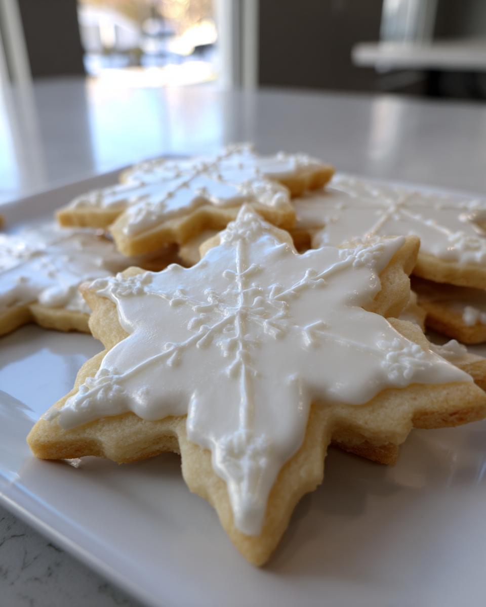 Close-up of a snowflake sugar cookie decorated with smooth white icing using a cookie icing recipe.