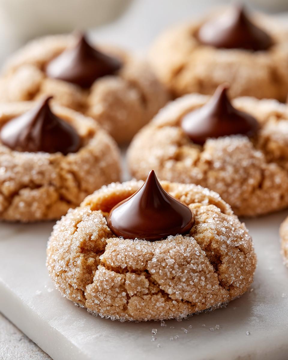 Close-up of a soft, sugar-coated peanut butter blossoms cookie topped with a chocolate kiss.