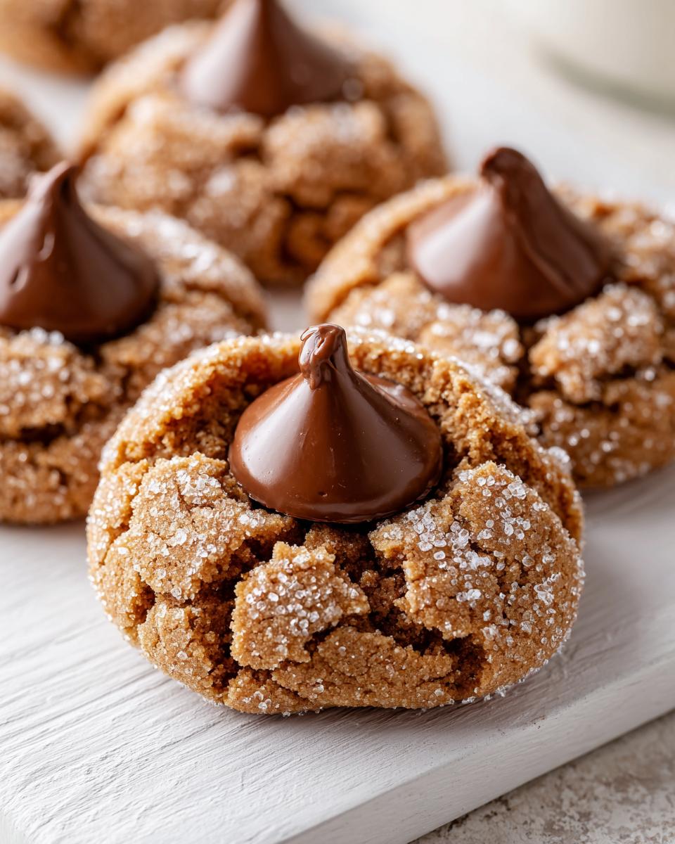 Close-up of soft, chewy peanut butter blossoms cookies rolled in sugar with a chocolate kiss pressed into the center.