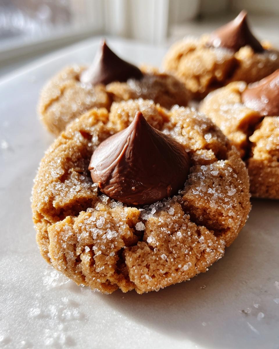 Close-up of soft and chewy peanut butter blossoms coated in sugar with a melted chocolate kiss on top.