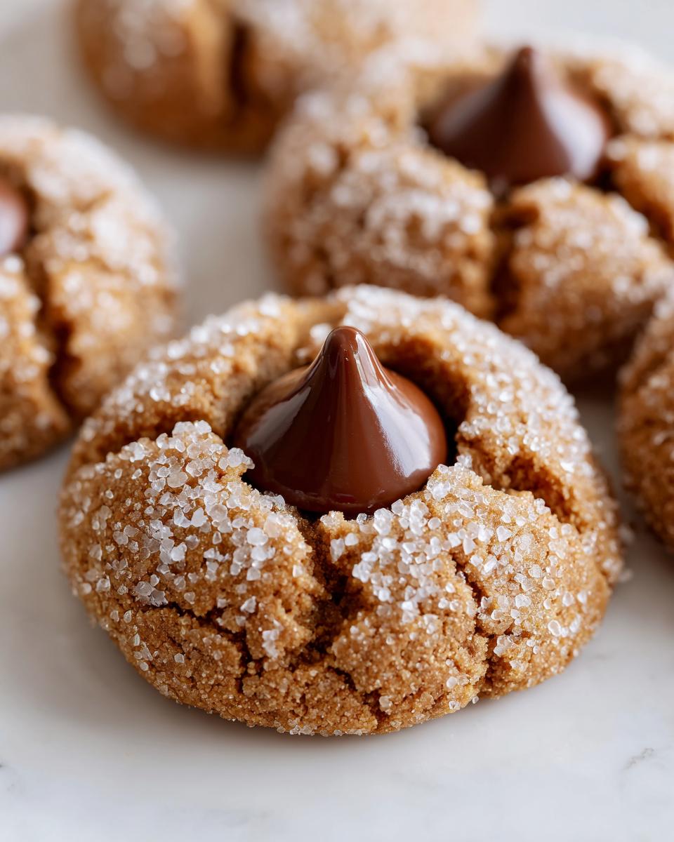 Close-up of a soft and chewy peanut butter blossoms cookie rolled in coarse sugar with a chocolate kiss pressed into the center.