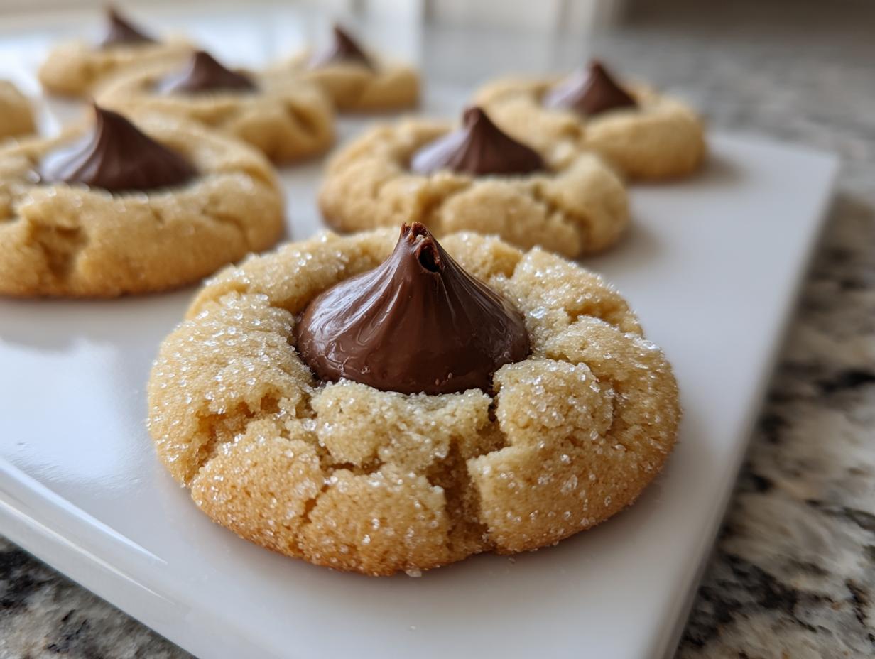 Close-up of a soft and chewy peanut butter blossoms cookie rolled in sugar, topped with a chocolate kiss.
