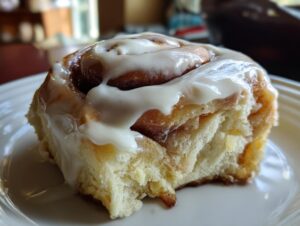 A close-up shot of a single, soft cinnamon roll generously topped with white cream cheese frosting.