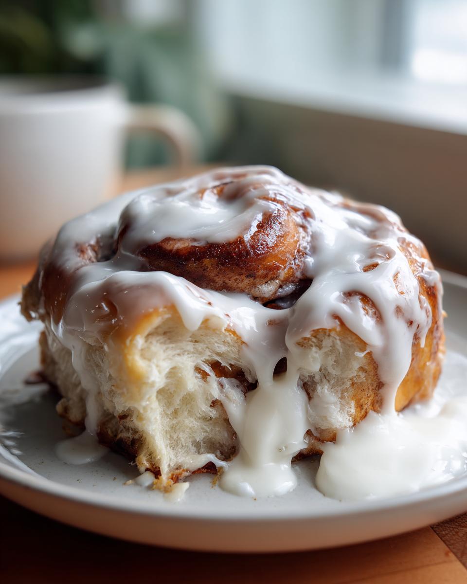 A close-up shot of a single, soft cinnamon roll generously covered in dripping white icing on a plate.