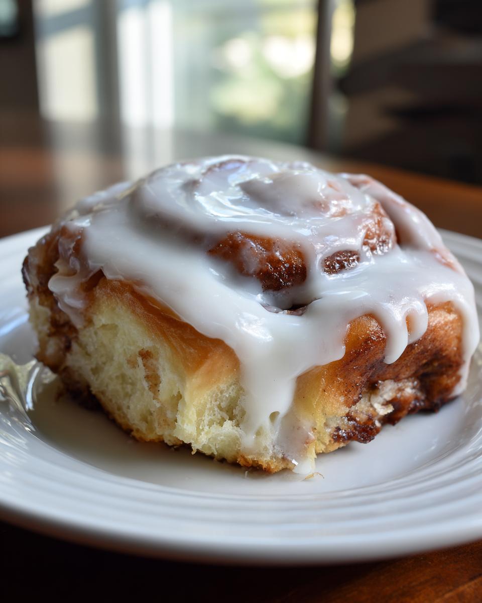 A single, soft cinnamon roll generously topped with white cream cheese icing, resting on a white plate.