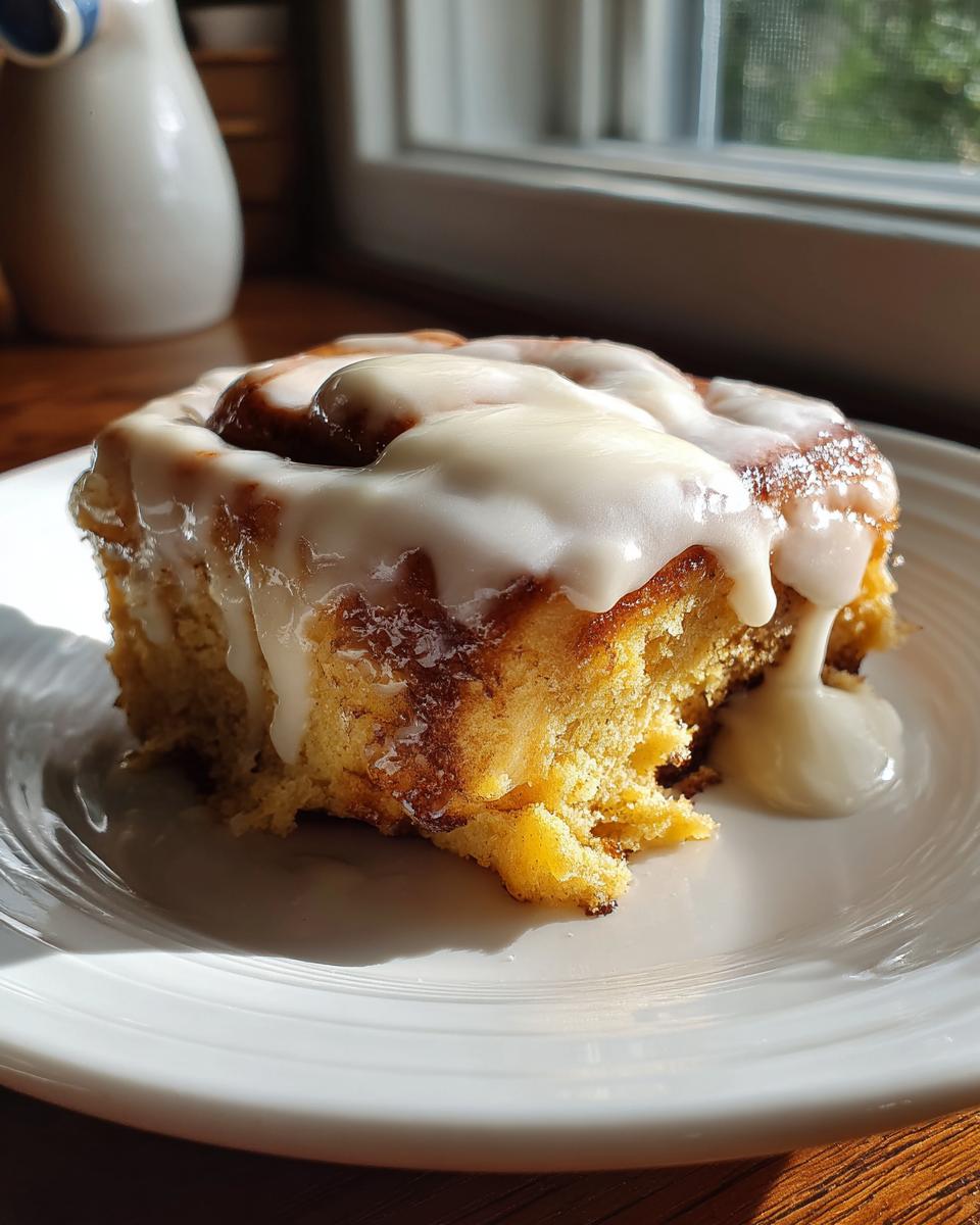 A single, soft cinnamon roll generously topped with dripping white icing, sitting on a white plate near a window.