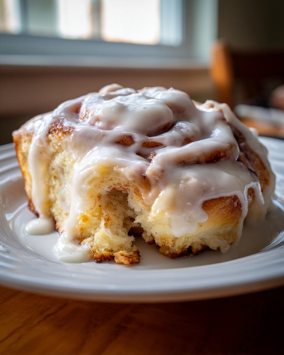 A close-up of a single, soft cinnamon roll generously topped with white icing, sitting on a white plate.