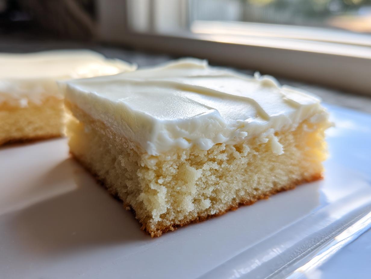 Close-up of a soft sugar cookie bars square topped with thick white frosting, sitting on a white plate.