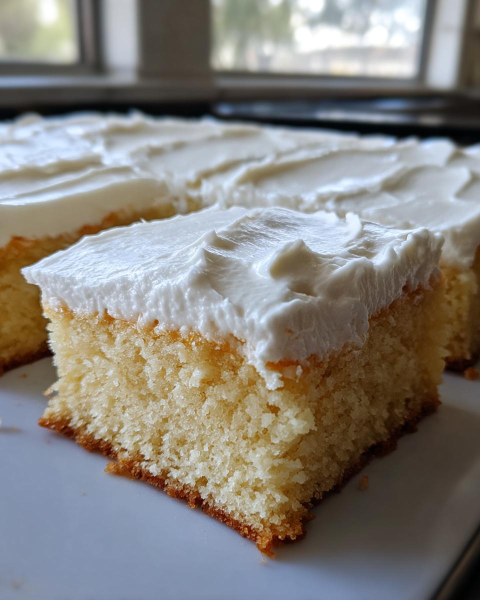 A close-up shot of a thick, soft sugar cookie bars slice topped with creamy white frosting.