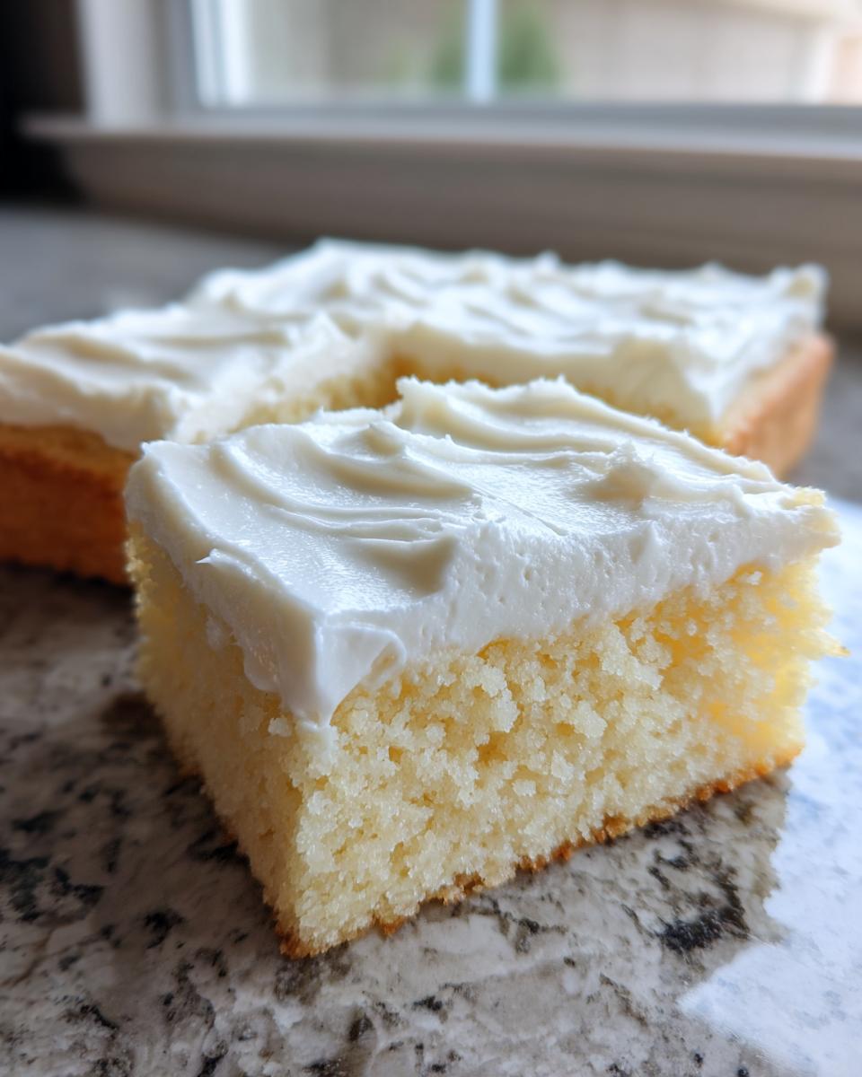 A close-up slice of soft sugar cookie bars topped with thick, swirled white frosting.
