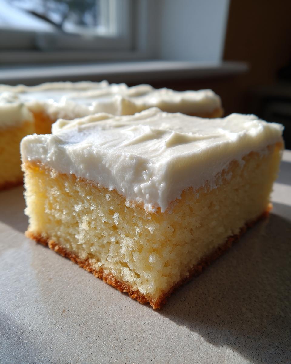 A close-up, sunlit shot of a thick, soft sugar cookie bars slice topped with creamy white frosting.