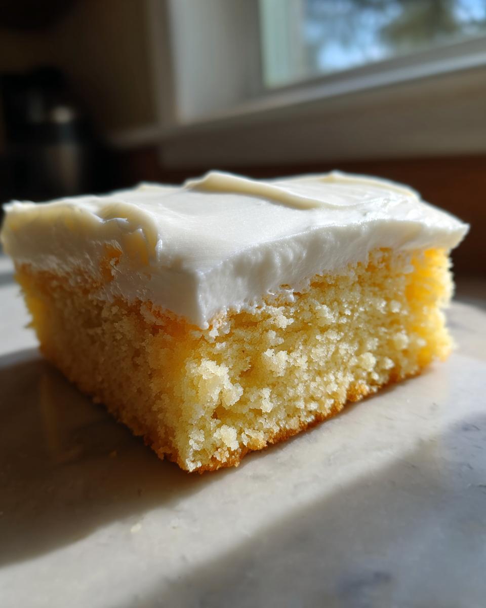 A close-up, sunlit shot of a single square of soft sugar cookie bars topped with thick white frosting.