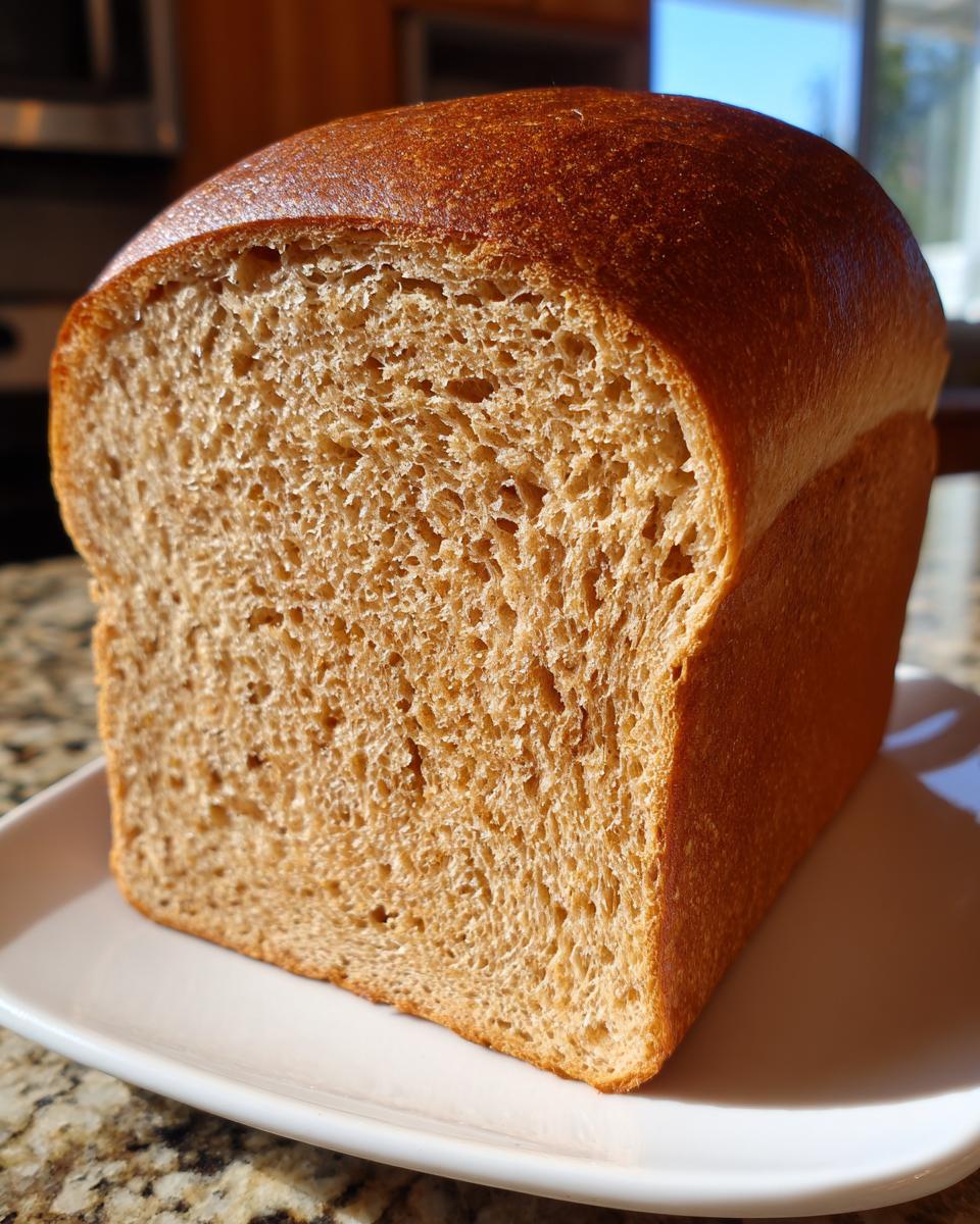 Close-up of a freshly baked loaf showing the soft, even crumb structure of the whole wheat bread.