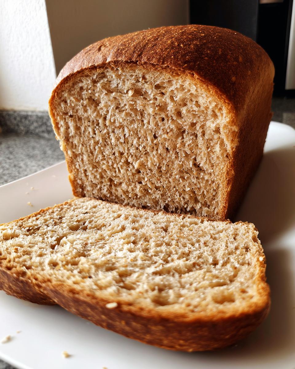 Close-up of a freshly baked, soft whole wheat bread loaf with one slice resting in front.