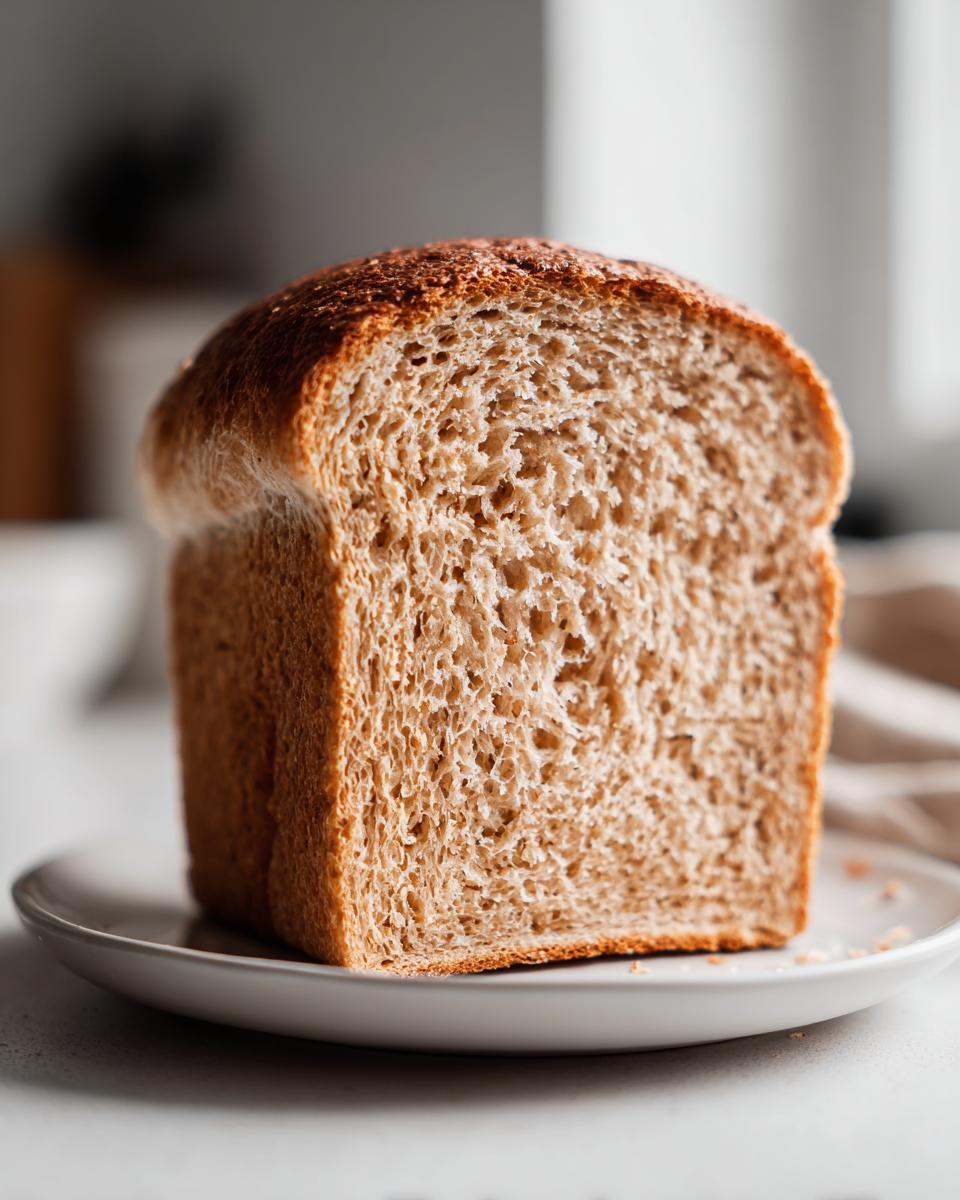 A close-up of a freshly baked, soft whole wheat bread loaf end slice sitting on a small white plate.