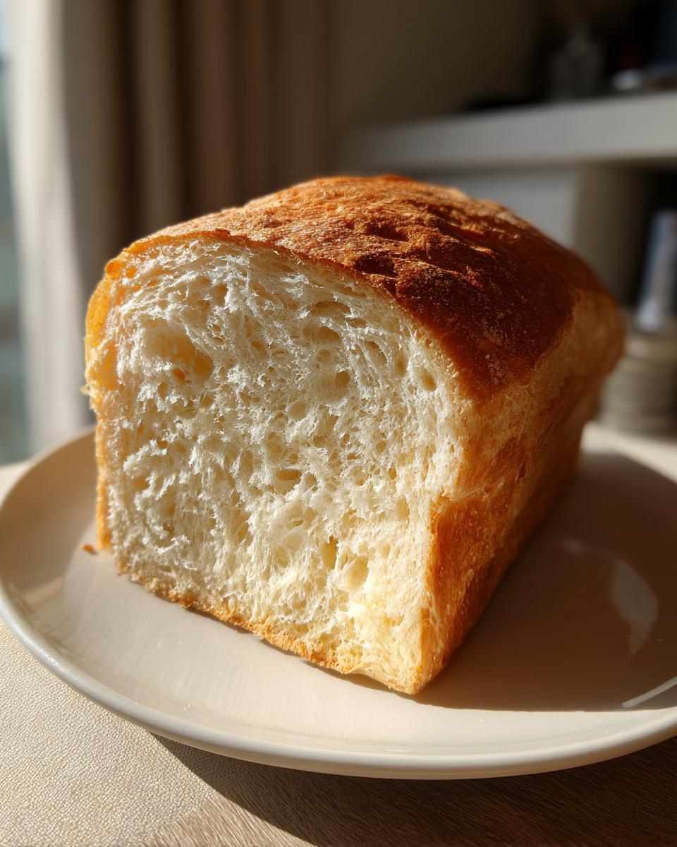 A freshly baked loaf of sourdough sandwich bread, showing a soft, airy white crumb and golden crust.