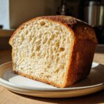 Close-up of the soft, airy crumb structure of the 3-ingredient sourdough sandwich bread.