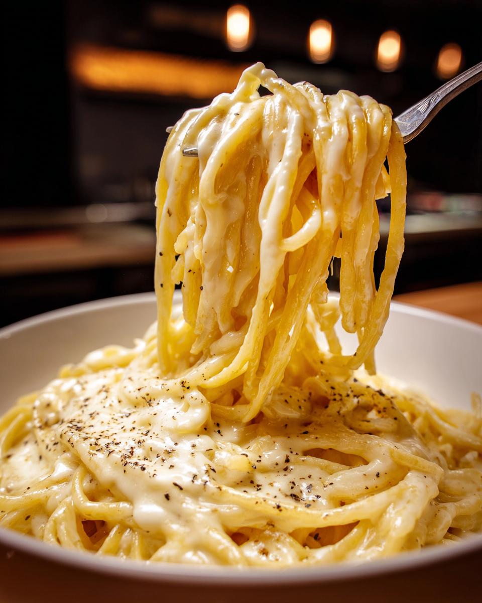 A fork lifting spaghetti coated in creamy homemade alfredo sauce from a bowl, topped with black pepper.