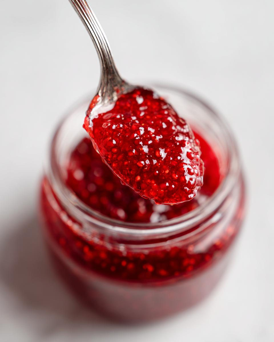 A silver spoon lifts a thick scoop of bright red, seedy raspberry jam from an open glass jar.