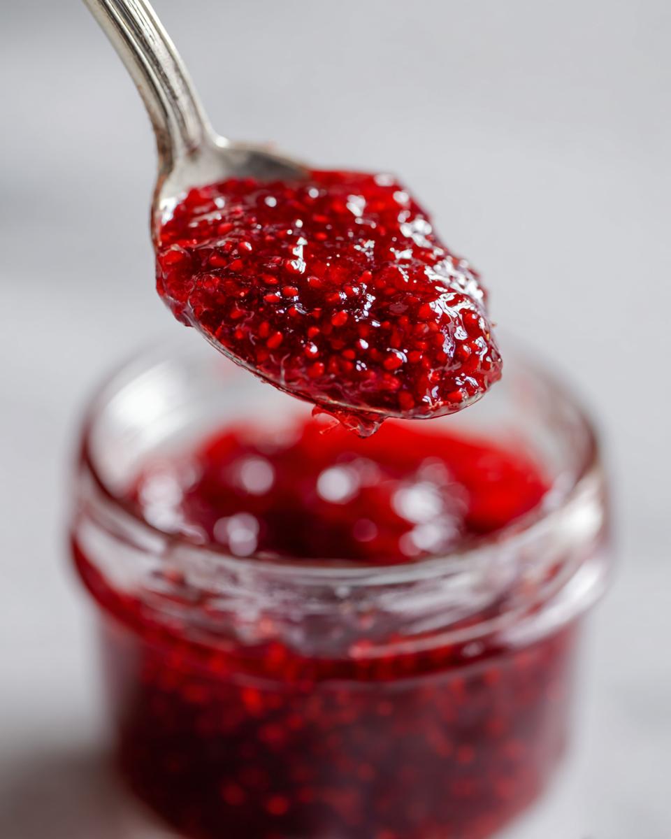 A silver spoon lifting a thick, textured spoonful of bright red homemade raspberry jam above a glass jar.