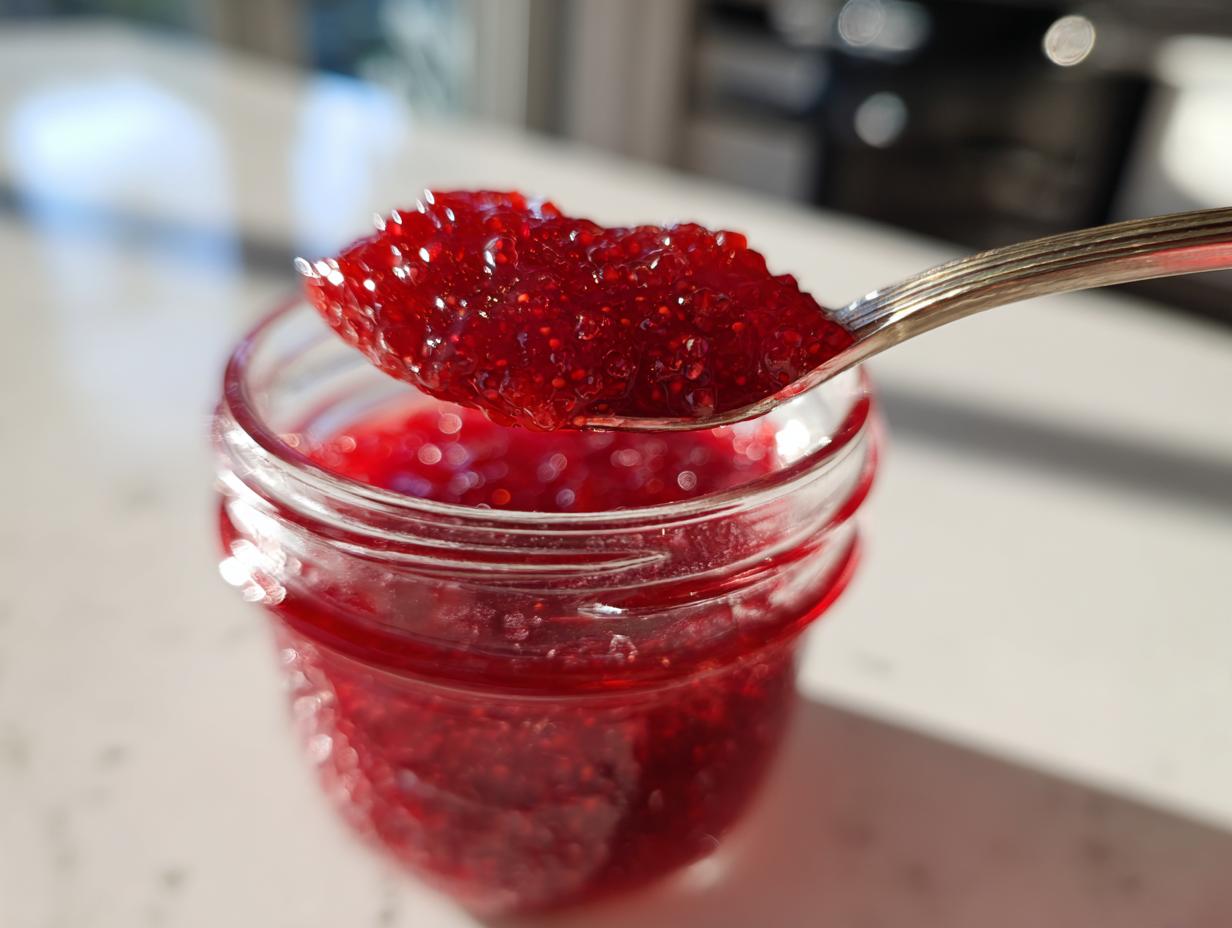 A spoonful of glistening, thick raspberry jam is lifted from a small glass jar, showcasing its texture.