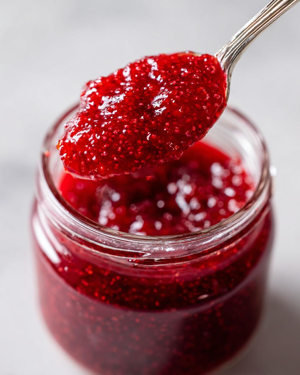 Close-up of a spoonful of thick, vibrant red raspberry jam being lifted from a glass jar.