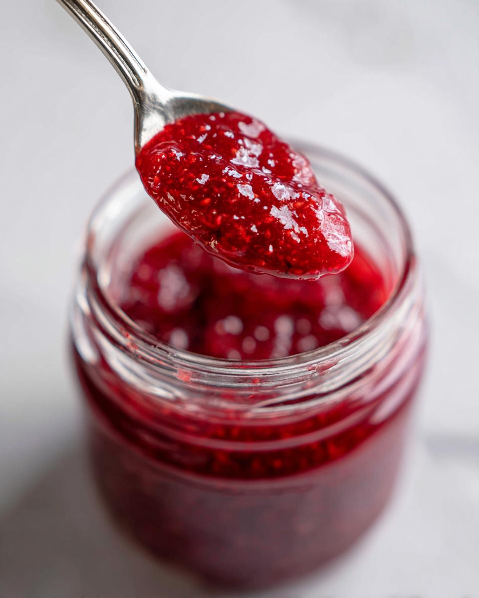 Close-up of a spoonful of thick, bright red raspberry jam being lifted from a glass jar.