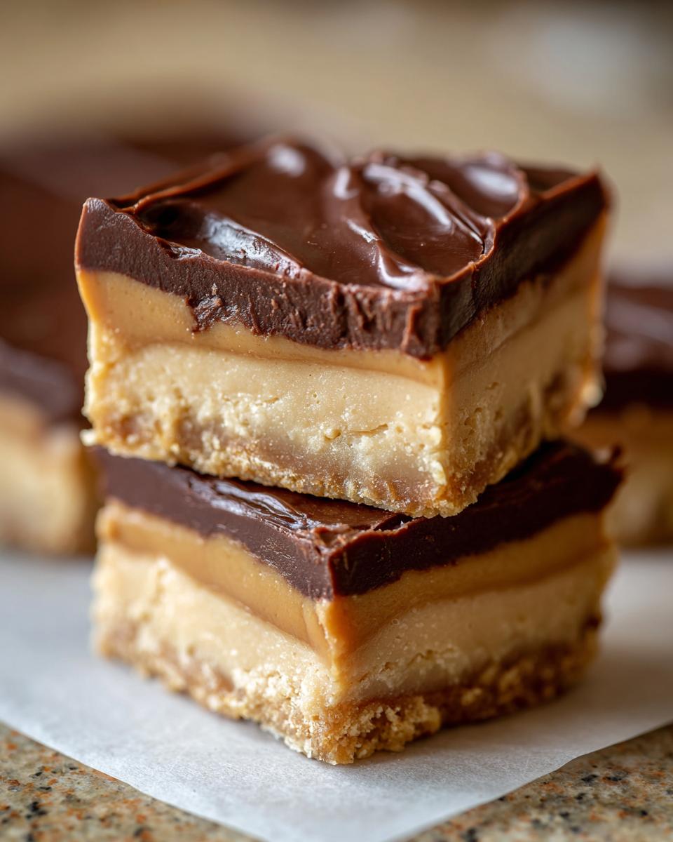 Two stacked squares of rich buckeye fudge bars featuring a peanut butter base, caramel layer, and chocolate topping.