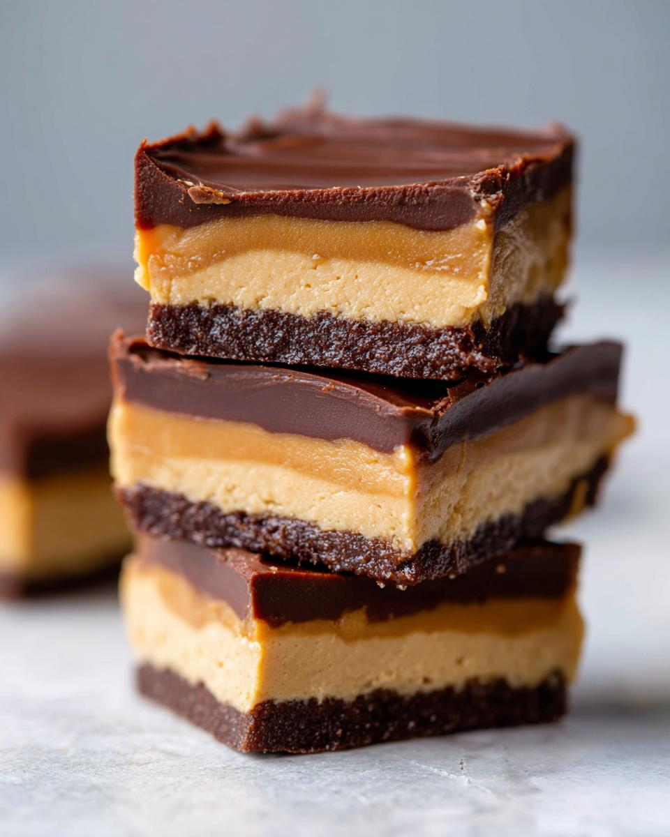 Three stacked squares of rich buckeye fudge showing distinct layers of chocolate crust, peanut butter, caramel, and chocolate topping.