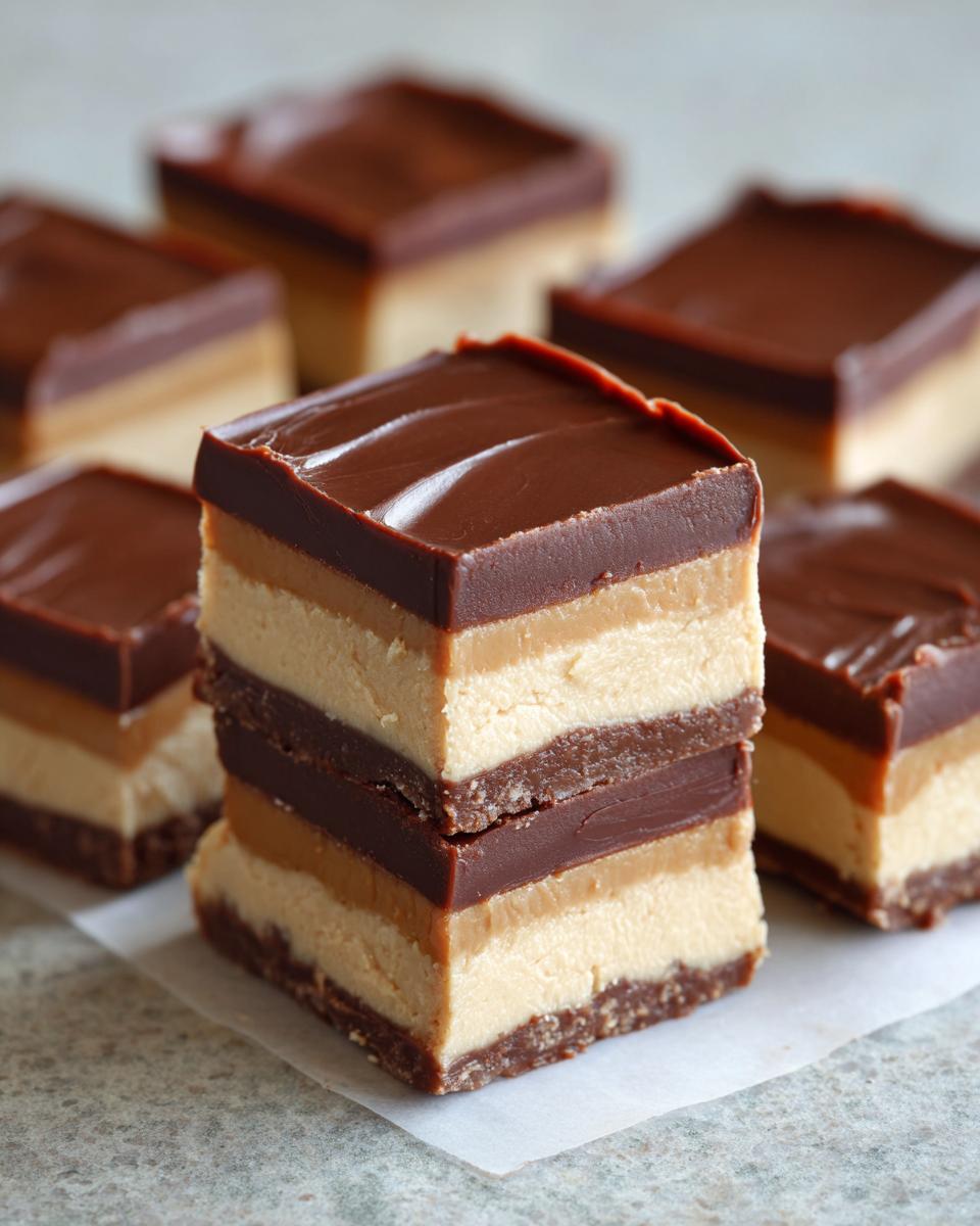 Close-up of stacked squares of rich buckeye fudge showing multiple layers of peanut butter, caramel, and chocolate topping.
