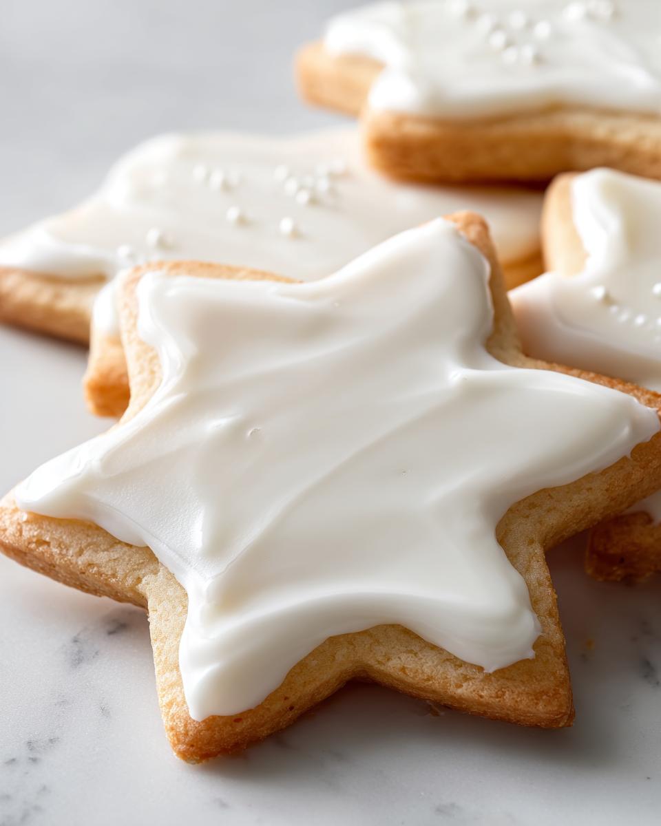 Close-up of a star-shaped sugar cookie topped with thick, glossy white cookie icing recipe frosting.