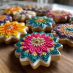 Close-up of star-shaped sugar cookies decorated with vibrant, detailed royal cookie icing designs.