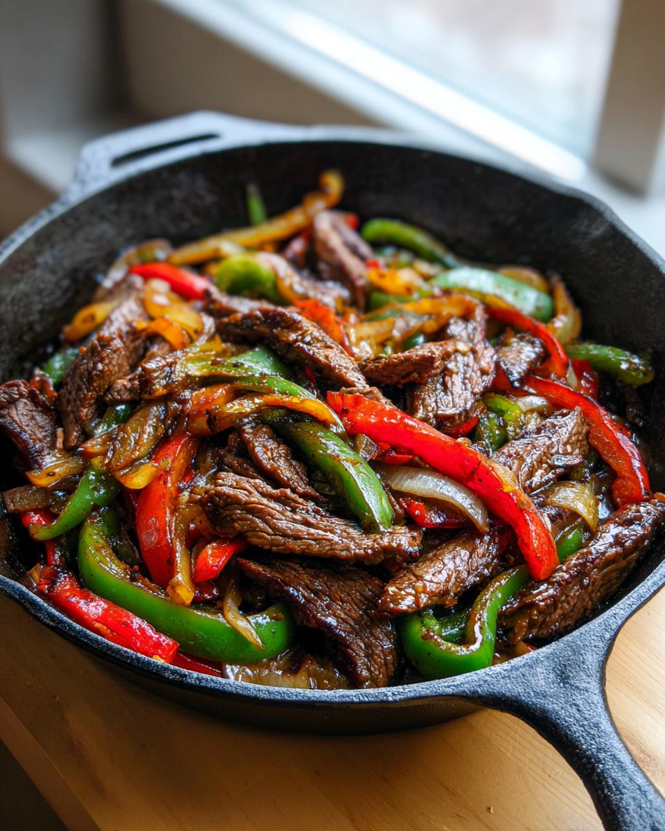 Close-up of sizzling steak fajitas with colorful bell peppers and onions in a black cast iron skillet.