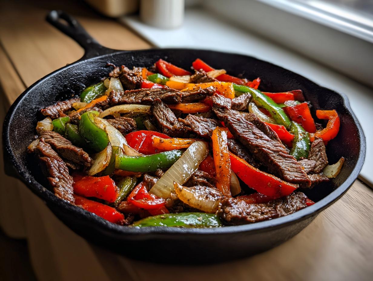 Close-up of sizzling steak fajitas with colorful bell peppers and onions served hot in a black cast iron skillet.