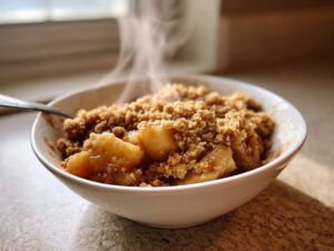 Close-up of a white bowl filled with steaming hot apple crumble, showing soft spiced apples and a crunchy brown topping.
