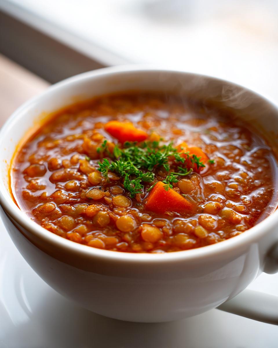 Close-up of a steaming white bowl filled with rich, hearty lentil soup, garnished with carrots and fresh parsley.