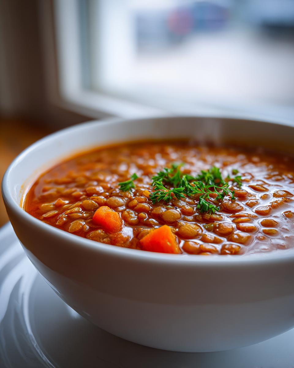 Close-up of a steaming white bowl filled with rich, orange-hued lentil soup, garnished with fresh parsley.